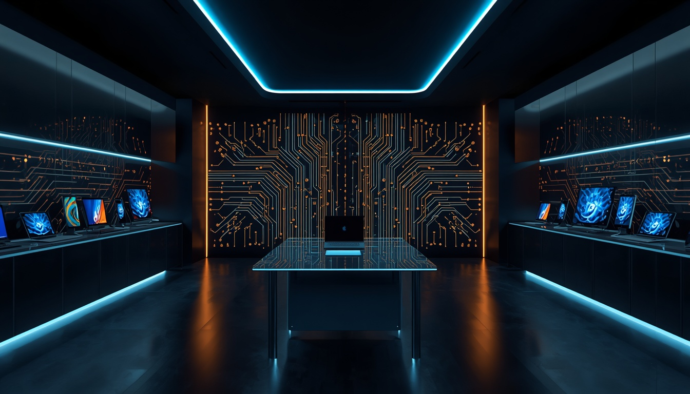 KENBON TECH showroom with laptops and monitors in a tech-lit retail space